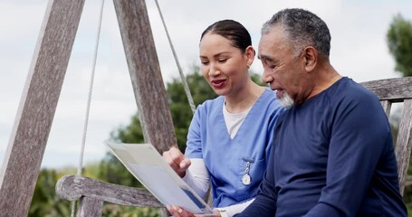 Sticker - Happy woman, nurse and documents consulting senior patient on park bench for life insurance or relax in nature. Female person or medical doctor sitting, outdoor or talking to mature man in healthcare