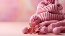  A Pink Knitted Hat With Pom - Poms On Top Of It And A Pink Flower On The Bottom Of The Hat And Two Balls On The Bottom Of The Hat.