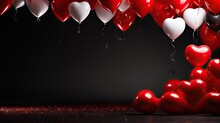  A Bunch Of Red And White Heart Shaped Balloons On A Black Background With A Red And White Heart Shaped Balloon In The Middle Of The Middle Of The Balloons And A Black Background.