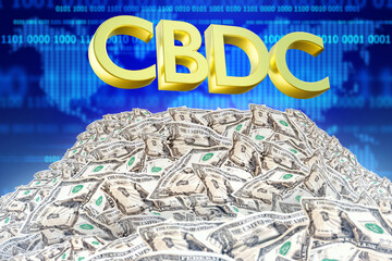 Poster - CBDC money. Central bank digital currency. Pile of crumpled dollars. Exchange CBDC for fiat money. Blockchain currency logo. National cryptocurrency. CBDC background. Digital economy. 3d image