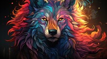  A Close Up Of A Colorful Wolf's Face On A Black Background With Red, Yellow, Blue, And Orange Flames Coming Out Of It's Eyes.