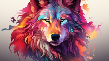 Wall Mural -  a close up of a wolf's face with colorful paint splattered on it's face and the wolf's eyes are blue, red, yellow, orange, pink, purple, and green, and red.
