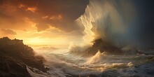  A Painting Of A Large Wave Crashing Into A Rocky Shore At Sunset With A Sky Filled With Clouds And A Sun Setting In The Distance Over The Water And A Rocky Outcrop.