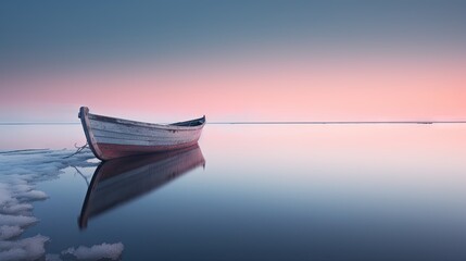 Wall Mural -  a small boat floating on top of a lake next to a shore covered in icebergs under a pink and blue sky with a thin line of clouds in the distance.