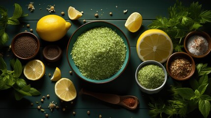  a bowl of green stuff surrounded by lemons, spices, and mints on a green tablecloth with a wooden spoon and two bowls of green stuff next to it.