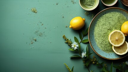  a bowl of green tea with two lemons on the side and a cup of green tea on the other side of the bowl with two lemons on the side.