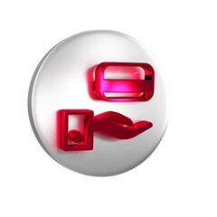 Poster - Red Digital door lock with wireless technology for unlock icon isolated on transparent background. Door handle sign. Security smart home. Silver circle button.