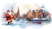  A Watercolor Painting Of A Man In A Santa Suit Walking Across A Bridge With A Boat In The Water In Front Of Him And A Bridge In The Background.