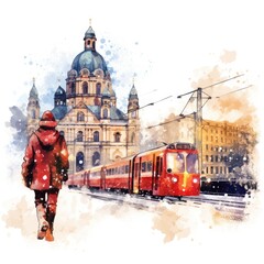 Wall Mural -  a watercolor painting of a person walking in front of a train on the tracks in front of a building with a dome and a steeple in the background.