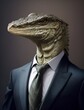 Monitor is dressed elegantly in a suit with a lovely tie. An anthropomorphic animal poses for a fashion photograph with a charming human attitude.