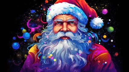 Wall Mural -  a close up of a santa clause wearing a santa claus hat and looking at the camera with a surprised look on his face and a black background with multi - colored.