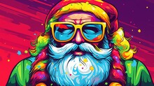  A Painting Of A Man With A Beard Wearing Sunglasses And A Santa Hat And Holding A Skateboard In Front Of A Red, Blue, Yellow, Pink, Purple, Purple, And Green, And Pink Background.