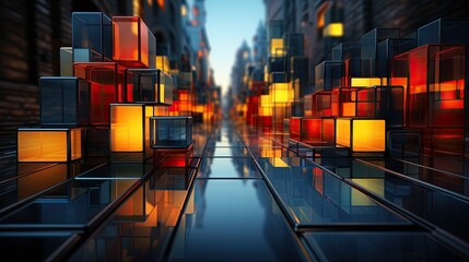 Wall Mural -  a digital painting of a city street with a lot of cubes on the side of the street and buildings on the other side of the street, with lights on either side of the street.