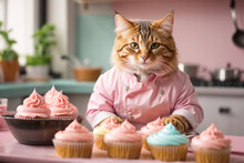 A Bright Image, A Charming Character, A Holiday Card. A Cute Striped Cat Dressed As A Chef Bakes Delicious Cupcakes In A Pink Kitchen.