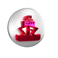 Poster - Red Cruise ship icon isolated on transparent background. Travel tourism nautical transport. Voyage passenger ship, cruise liner. Worldwide cruise. Silver circle button.