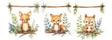 Woodland Forest Animals Clipart. Cute Little Fox, Rabbit, Bear, Hedgehog, Owl, Bear, Deer, Mushroom, Flowers, Twigs, Grass And Butterfly. Watercolor Illustration