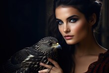A Young Beautiful Woman With Exquisite Makeup And Blue Eyes Is Holding A Hawk