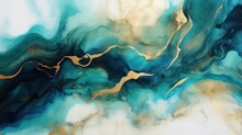 Luxurious Banner Background Displaying An Abstract Marbled Ink Painting Texture In Gold And Emerald Green Color Combination. It Depicts Dark Green And Gold Waves With Splashes Of Gold Paint