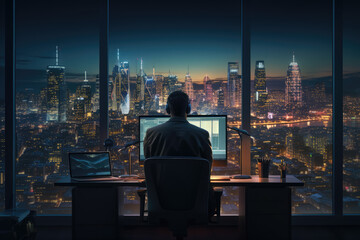 Businessman working on computer monitors in office at night with city view