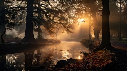 Wall Mural -  the sun shines through the trees over a small body of water in the middle of a wooded area with a pond in the foreground and a few ducks in the foreground.