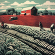 simple linocut family working in a potato farm field with a red barn Illustration