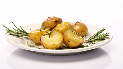 Wall Mural - Mini potatoes cooked in olive oil, rosemary and garlic drift onto a traditional plate isolated on a white background.