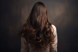 Young woman with long curly hair on dark background. Back view, rear view of a Beautiful young woman with long hair. back view of a girl with flying hair, AI Generated