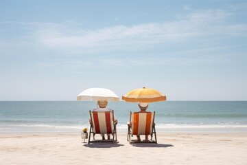 Poster - Couple sunbathing on the beach in summer, Thailand, rear view of a Retired traveling couple resting together on sun loungers during beach, AI Generated