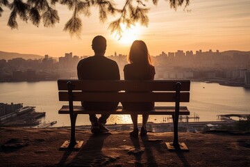 Poster - Silhouette of couple sitting on bench and looking at the sunset, rear view of a Young couple in love sitting on a bench against sunrise with a city view, AI Generated