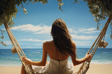 Poster - Young woman relaxing in hammock on the beach. Summer vacation concept, rear view of a woman relaxing and enjoying the sun on vacation at the beach in a wicker hammock, AI Generated