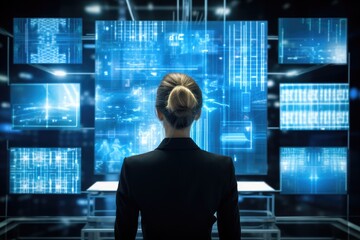 Poster - Back view of businesswoman against futuristic blue panel with diagrams and numbers, Rear view of businesswoman looking at hologram screen against blue background, AI Generated