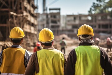 Aufkleber - Group of engineers and architects at construction site. Selective focus, rear view of Construction workers at the construction site outdoors, labor wearing yellow safety hardhats, AI Generated