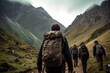 Trekking in the highlands of the Caucasus mountains in Georgia, rear view of mountain guide leading a group of hikers, AI Generated