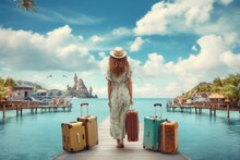 Young Woman With Suitcase At Luxury Resort. Travel And Vacation Concept, Rear View Of Happy Travel Woman On Vacation Concept, AI Generated