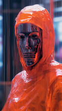  bored futuristic sci-fi human being with modern cloths, standing in the rain, closeup, iphone film, sci-fi film. AI generated