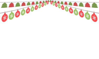 Wall Mural - Green and red flag garland with pine tree and Christmas ball symbol on isolated white background. Vector illustration flat design.