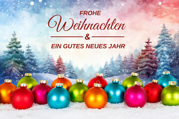 Wall Mural - Weihnachtskarte Frohe Weihnachten mit bunten Weihnachtskugeln und Wald im Hintergrund Karte Dekoration Winter