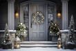 Christmas wreath on gray front door with winter decor on porch and steps