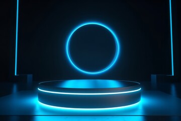 Wall Mural - empty blue podium floating in the air with blue neon ring on background. generative ai