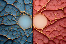 Two Blue Cells In An Image With Pink Cells, In The Style Of Focus On Joints/connections, Vignetting, Raw Vulnerability, Biomorphic Forms, Light Red And Gold, Intricate Use Of Hatching, Caffenol Develo