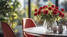 Dining Room Table And Chairs Decorated With A Vase Of Red Roses. Elegant Interior .