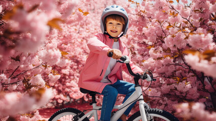 Wall Mural - Happy boy riding a bicycle on a cherry trees background.