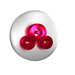 Sticker - Red Chemical formula for water drops H2O shaped icon isolated on transparent background. Silver circle button.