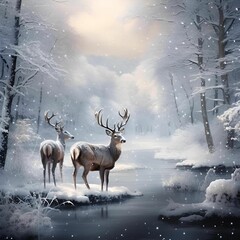ai generated illustration of deer standing in a line beside a river in winter,