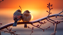 Cute Love Birds Are Sitting On A Branch. Valentine's Day Concept.