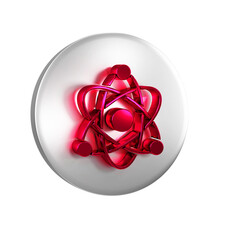 Poster - Red Atom icon isolated on transparent background. Symbol of science, education, nuclear physics, scientific research. Silver circle button.