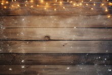 Christmas Lights on Snow-Covered Wood Background