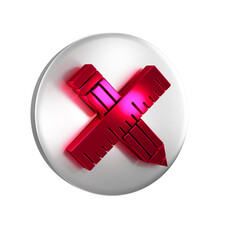 Poster - Red Crossed ruler and pencil icon isolated on transparent background. Straightedge symbol. Drawing and educational tools. Silver circle button.