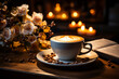 Cozy winter night Cup of hot drink on wooden table with candlelight background.