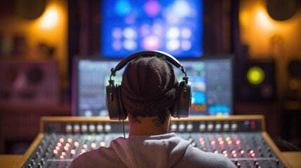 A person wearing headphones in a recording studio, immersed in the world of sound creation.